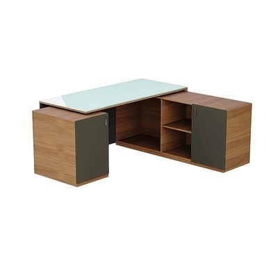 Specialties L Shaped Glass Executive Table with Storage Shelves and Cabinet for Home &amp; Office Contemporary Style L Shaped Computer Desk - Natural Dijon Walnut/Grey