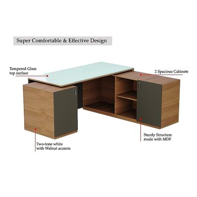 Specialties L Shaped Glass Executive Table with Storage Shelves and Cabinet for Home &amp; Office Contemporary Style L Shaped Computer Desk - Natural Dijon Walnut/Grey