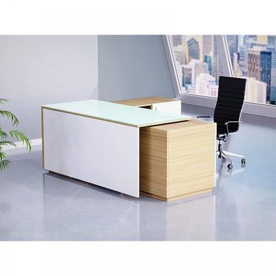 Specialties L Shaped Glass Executive Table with Storage Shelves and Cabinet for Home &amp; Office Contemporary Style L Shaped Computer Desk - Coco Bolo/White