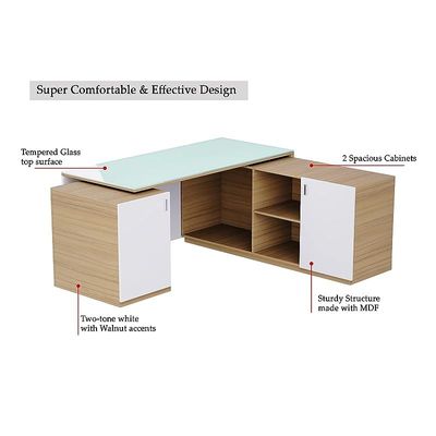 Specialties L Shaped Glass Executive Table with Storage Shelves and Cabinet for Home &amp; Office Contemporary Style L Shaped Computer Desk - Coco Bolo/White