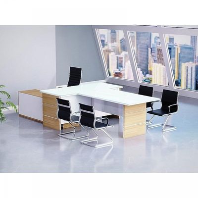 Glass Executive Desk L Shaped Table with Storage Shelves and Cabinet for Desk Sturdy Home Office PC Laptop Workstation Gaming Computer Desk - Coco Bolo/White