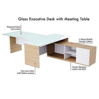 Glass Executive Desk L Shaped Table with Storage Shelves and Cabinet for Desk Sturdy Home Office PC Laptop Workstation Gaming Computer Desk - Coco Bolo/White