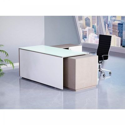 Specialties L Shaped Glass Executive Table with Storage Shelves and Cabinet for Home &amp; Office Contemporary Style L Shaped Computer Desk - Light Concrete/White