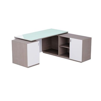 Specialties L Shaped Glass Executive Table with Storage Shelves and Cabinet for Home &amp; Office Contemporary Style L Shaped Computer Desk - Light Concrete/White