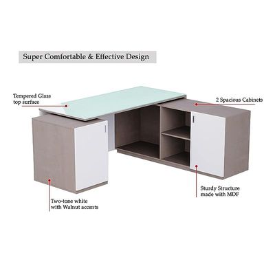 Specialties L Shaped Glass Executive Table with Storage Shelves and Cabinet for Home &amp; Office Contemporary Style L Shaped Computer Desk - Light Concrete/White