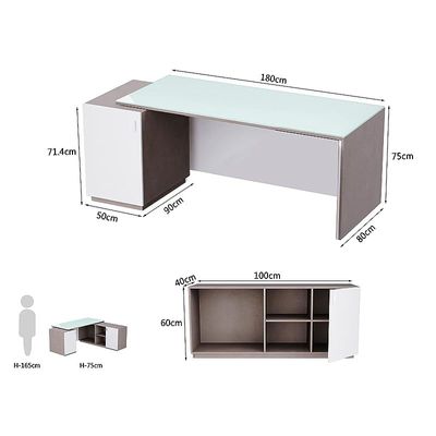 Specialties L Shaped Glass Executive Table with Storage Shelves and Cabinet for Home &amp; Office Contemporary Style L Shaped Computer Desk - Light Concrete/White