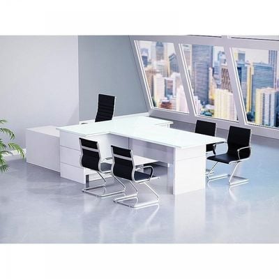 Glass Executive Desk L Shaped Table with Storage Shelves and Cabinet for Desk Sturdy Home Office PC Laptop Workstation Gaming Computer Desk - Premium White