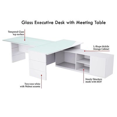 Glass Executive Desk L Shaped Table with Storage Shelves and Cabinet for Desk Sturdy Home Office PC Laptop Workstation Gaming Computer Desk - Premium White