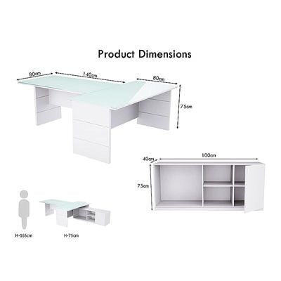 Glass Executive Desk L Shaped Table with Storage Shelves and Cabinet for Desk Sturdy Home Office PC Laptop Workstation Gaming Computer Desk - Premium White