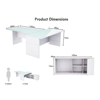 Glass Executive Desk L Shaped Table with Storage Shelves and Cabinet for Desk Sturdy Home Office PC Laptop Workstation Gaming Computer Desk - Premium White