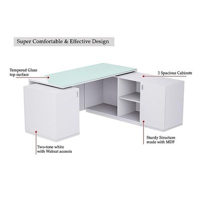 Specialties L Shaped Glass Executive Table with Storage Shelves and Cabinet for Home &amp; Office Contemporary Style L Shaped Computer Desk - Premium White