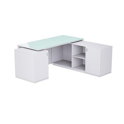 Specialties L Shaped Glass Executive Table with Storage Shelves and Cabinet for Home &amp; Office Contemporary Style L Shaped Computer Desk - Premium White