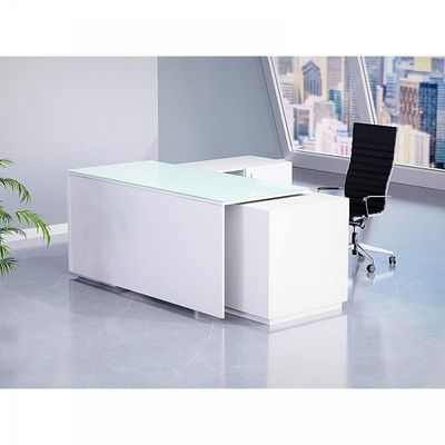 Specialties L Shaped Glass Executive Table with Storage Shelves and Cabinet for Home &amp; Office Contemporary Style L Shaped Computer Desk - Premium White