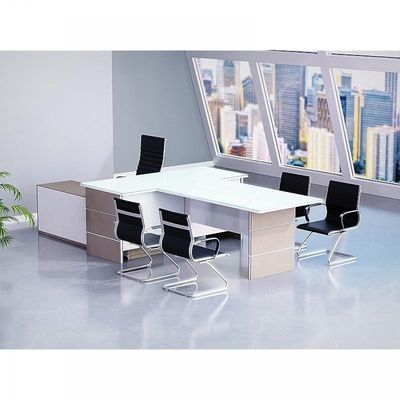 Glass Executive Desk L Shaped Table with Storage Shelves and Cabinet for Desk Sturdy Home Office PC Laptop Workstation Gaming Computer Desk - Light Concrete/White