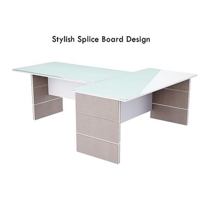 Glass Executive Desk L Shaped Table with Storage Shelves and Cabinet for Desk Sturdy Home Office PC Laptop Workstation Gaming Computer Desk - Light Concrete/White