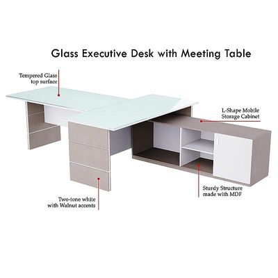 Glass Executive Desk L Shaped Table with Storage Shelves and Cabinet for Desk Sturdy Home Office PC Laptop Workstation Gaming Computer Desk - Light Concrete/White