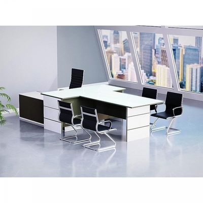 Glass Executive Desk L Shaped Table with Storage Shelves and Cabinet for Desk Home Office PC Laptop Workstation Gaming Computer Desk - White/Grey