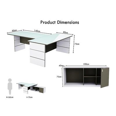 Glass Executive Desk L Shaped Table with Storage Shelves and Cabinet for Desk Home Office PC Laptop Workstation Gaming Computer Desk - White/Grey