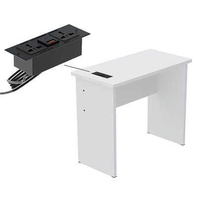 Modern Study Table with BS01 Super Recessed Power Strip Desktop Socket Board, Modern Executive Desk for Adults, Home Offices, Schools, Laptop, Computer Workstation - White