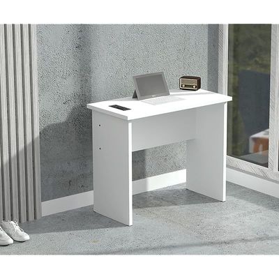 Modern Study Table with BS01 Super Recessed Power Strip Desktop Socket Board, Modern Executive Desk for Adults, Home Offices, Schools, Laptop, Computer Workstation - White