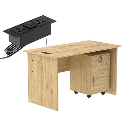 Modern with Storage Drawer MP1 120x60 Study Writing Table with BS01 Super Recessed Power Socket Board, Modern Executive Desk for Adults, Home Offices, Laptop, Computer Workstation - OAK