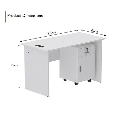 Modern with Storage Drawer MP1 120x60 Study Writing Table with BS01 Super Recessed Power Socket Board, Modern Executive Desk for Adults, Home Offices, Laptop, Computer Workstation - WHITE