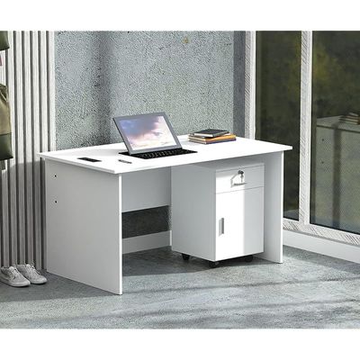 Modern with Storage Drawer MP1 120x60 Study Writing Table with BS01 Super Recessed Power Socket Board, Modern Executive Desk for Adults, Home Offices, Laptop, Computer Workstation - WHITE