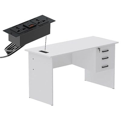 Modern with Hanging Storage Drawer MP1-1260 Study Writing Table with BS01 Super Recessed Socket Board, Executive Desk for Adults, Home Offices, Schools, Laptop, Computer Workstation - White