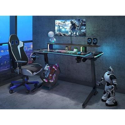 Ergonomic Gaming Desk with RGB Led Light, Height Adjustable Gaming Table, Carbon Fiber PVC, Desk for Office, Gamers, Home - Black