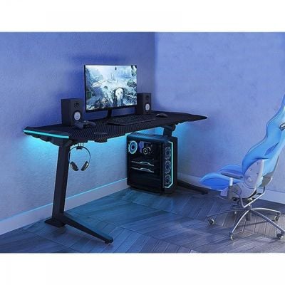 Ergonomic Gaming Desk with RGB Led Light, Height Adjustable Gaming Table, Carbon Fiber PVC, Desk for Office, Gamers, Home - Black