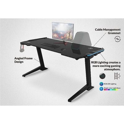 Ergonomic Gaming Desk with RGB Led Light, Height Adjustable Gaming Table, Carbon Fiber PVC, Desk for Office, Gamers, Home - Black