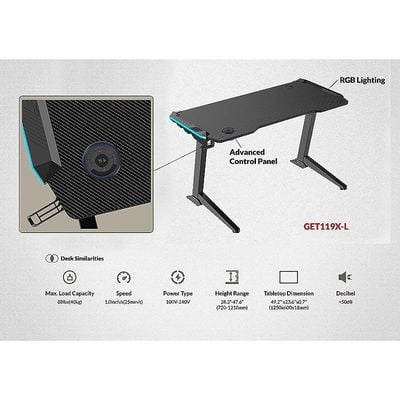 Ergonomic Gaming Desk with RGB Led Light, Height Adjustable Gaming Table, Carbon Fiber PVC, Desk for Office, Gamers, Home - Black