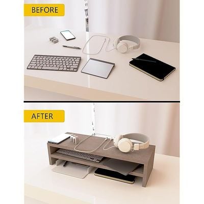 Wooden Riser Monitor Stand with 2 Tier Storage Shelf, Monitor Stand for Home Office Business, PC Desk Stand Monitor Riser for Keyboard Storage, Laptop, Printer, and TV Screen - LIGHT CONCRETE