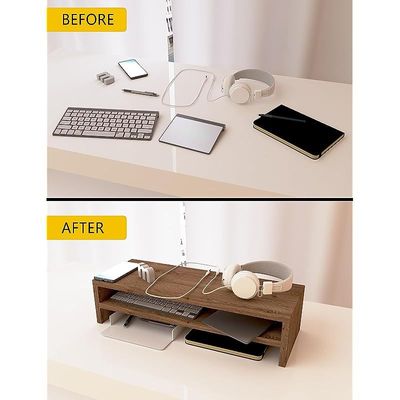Wooden Riser Monitor Stand with 2 Tier Storage Shelf, Monitor Stand for Home Office, PC Desk Stand Monitor Riser for Keyboard Storage, Laptop, Printer - TRUFFLE DAVOS OAK