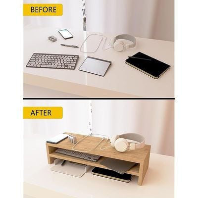 Wooden Riser Monitor Stand with 2 Tier Storage Shelf, Monitor Stand for Home, Office PC Desk Stand Monitor Riser for Keyboard Storage, Laptop, Printer - NATURAL DAVOS OAK