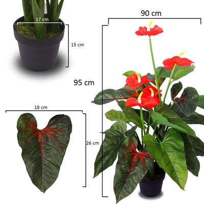 ياتاي الاصطناعي الأحمر أنثوريوم النباتات الاصطناعية 95 سم عالية