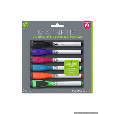 U Brands Magnetic Dry Erase Markers with Erasers Medium Point Pack of 6