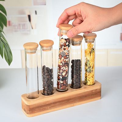 1CHASE Borosilicate Glass Storage Tubes With Bamboo lid and Wooden Base , Set of 4, 100 ML