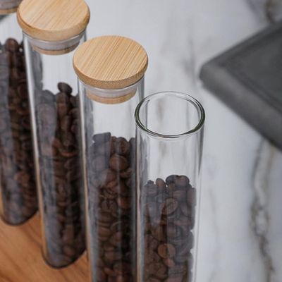 1CHASE Borosilicate Glass Storage Tubes With Bamboo lid and Wooden Base , Set of 4, 100 ML
