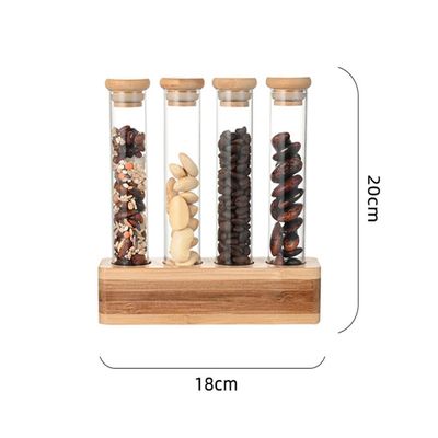 1CHASE Borosilicate Glass Storage Tubes With Bamboo lid and Wooden Base , Set of 4, 100 ML