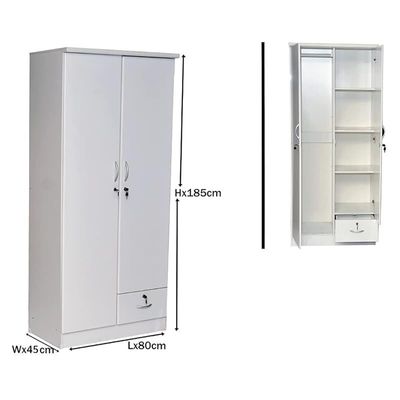 Galaxy Design 2 Door Wooden Wardrobe With 1 Lockable Drawer White Color - Size 80L x 45D x 185H Cm Model GDF-621W.
