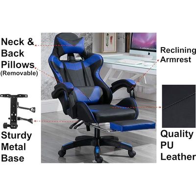 YALLA OFFICE Gaming Chair - Black & Blue with Footrest
