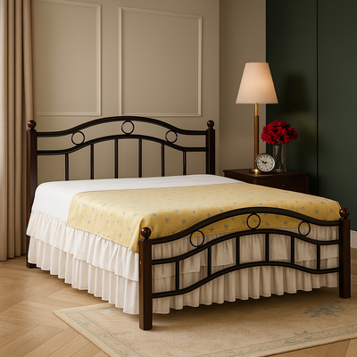Metal Frame Bed with Wooden 4-Legs Double Brown with Medical Mattress Dimension 120x190 Centimetres