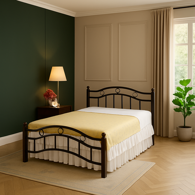 Metal Frame Bed with Wooden 4-Legs Double Brown with Medical Mattress Dimension 120x190 Centimetres