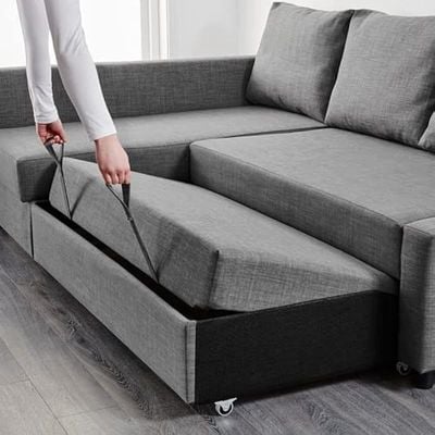 Convertible Sofa Cum Bed L-Shape Corner Sofa Plus Diwan Bed with Storage Box & Cushion for Living Room, Home, Office, Apartment, Studio Room Size 215x150x75 Centimeters