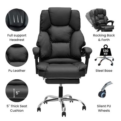 Executive Office Gaming Chair PU Leather 360Â° Swivel Desk Chair, High Back & Adjustable Height Computer Table Chair, Soft Foam Gaming Study Chair Lumbar Support with Footrest (Black)