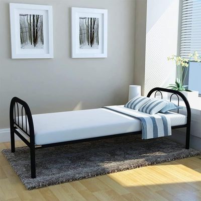 Single Metal Steel Bed with Medicated Mattress Dimension 90x190 Centimeters (Black)