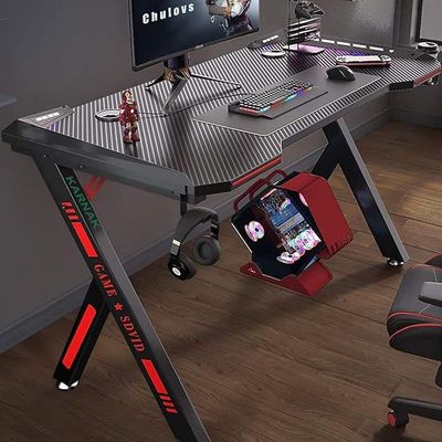 Master Gaming Desk with Remote Control RGB Lights PC Computer Gaming Table Y Modern Shaped Gamer Home Office Computer Desk Table with Handle Rack Cup Holder & Headphone Hook Size 140x65x75 CM