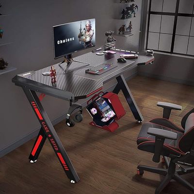Master Gaming Desk with Remote Control RGB Lights PC Computer Gaming Table Y Modern Shaped Gamer Home Office Computer Desk Table with Handle Rack Cup Holder & Headphone Hook Size 140x65x75 CM