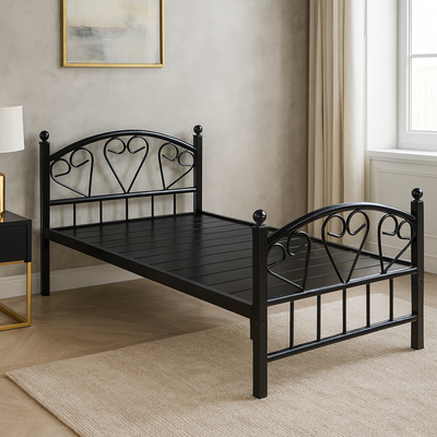 Heavy Duty Single Metal Steel Bed with Medicated Mattress Dimension 90x190 CM Black